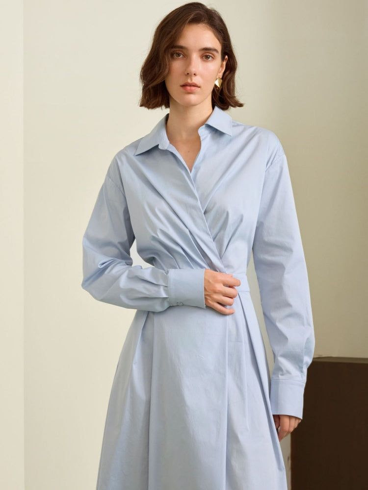 French Blue Belted Shirt Midi Dress