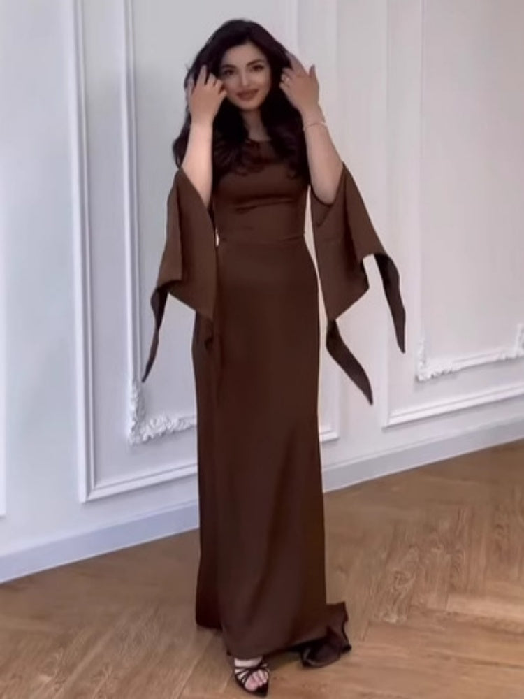 Brown Batwing Sleeve Robe  Dress