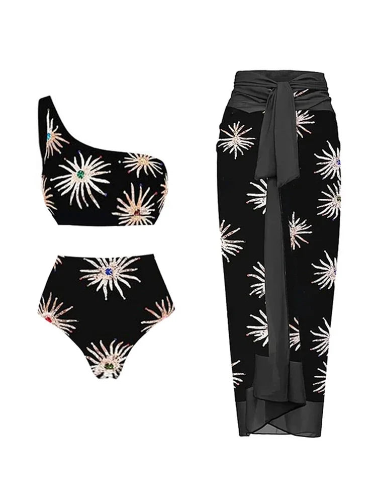 One-Shoulder High-Waist Printed Bikini Set