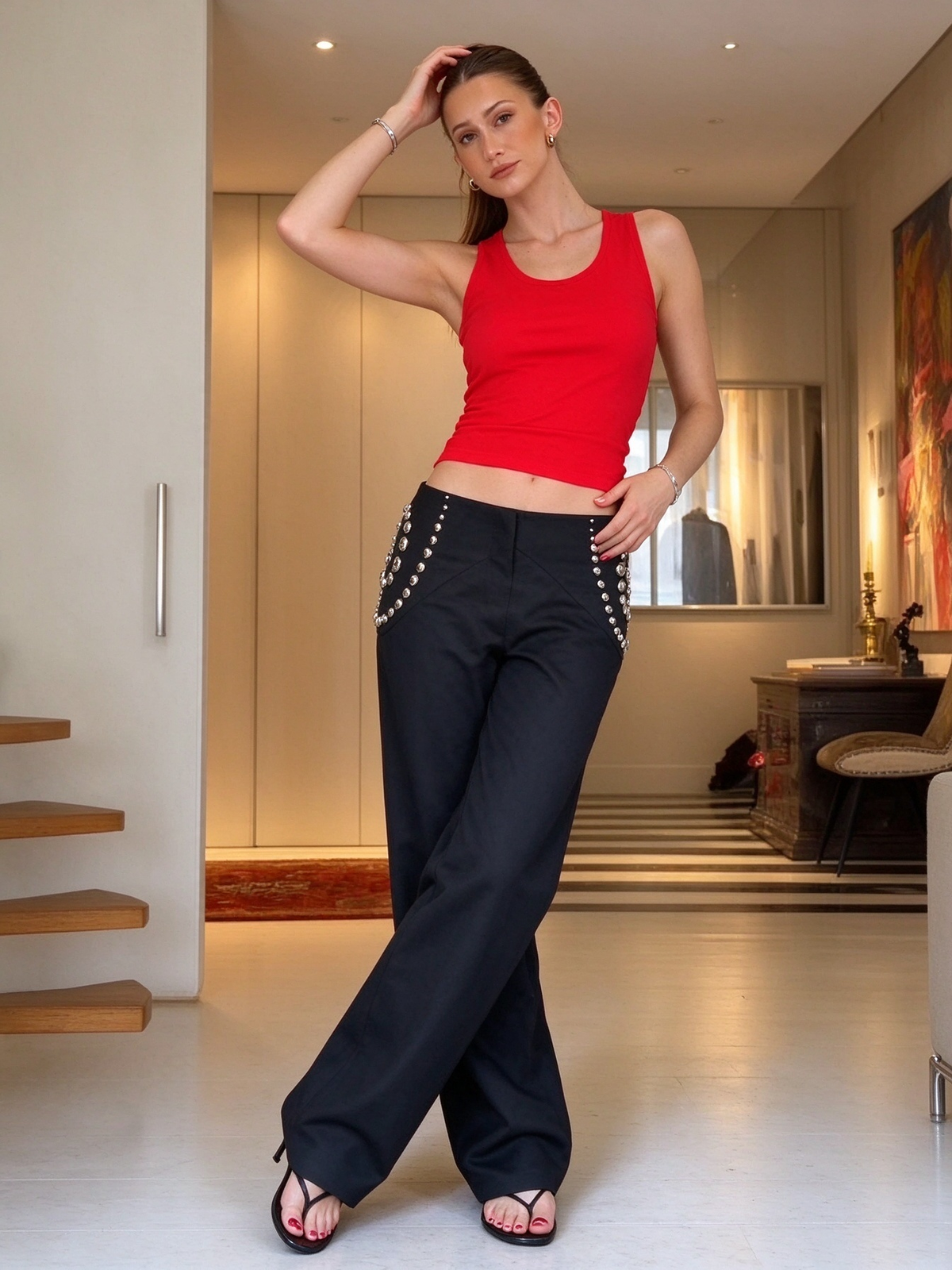 Low-Rise Studded Wide-Leg Pants