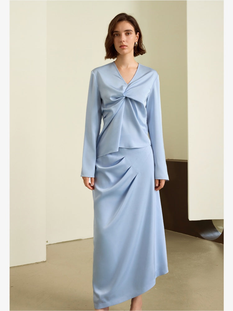 V-Neck Knot Blouse & Skirt Ensemble