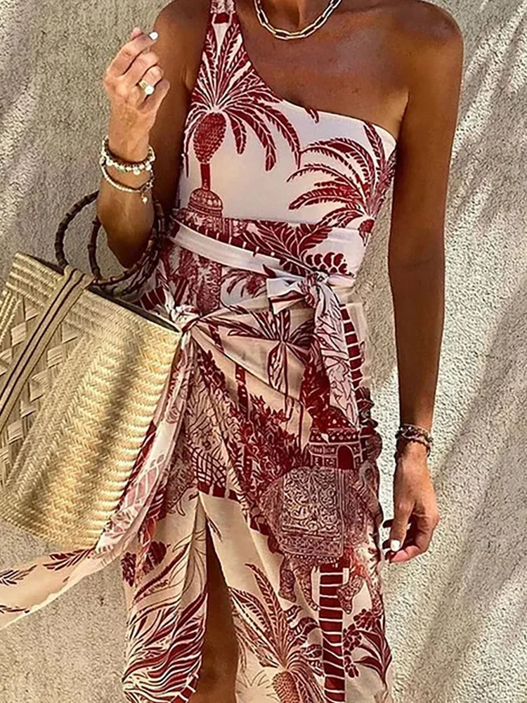 One-Shoulder Palm Print Swimsuit Set