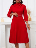 Elegant Solid Color Pleated Dress with Belt