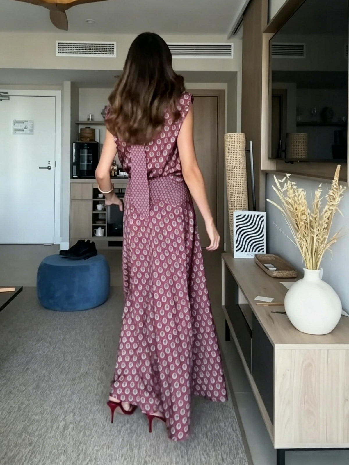 Retro Print Scarf Neck Top & Flowing Maxi Skirt Two-Piece Set