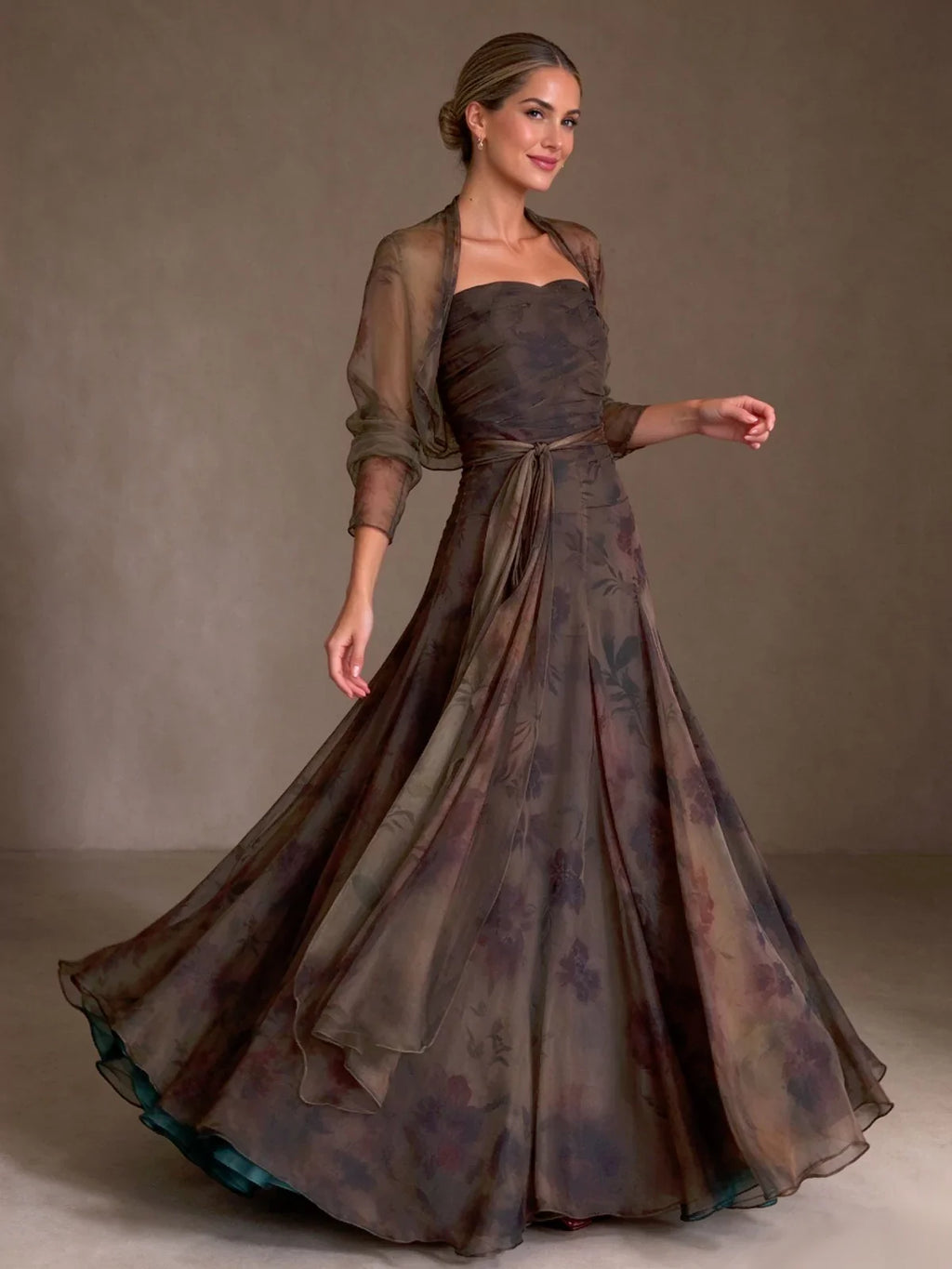 Contessa Floral Chiffon Gown with Sheer Bolero