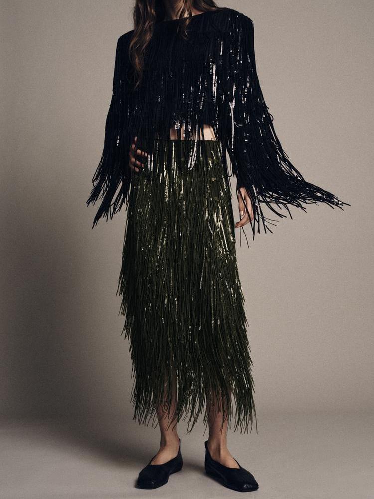 Fringed Sequin Skirt