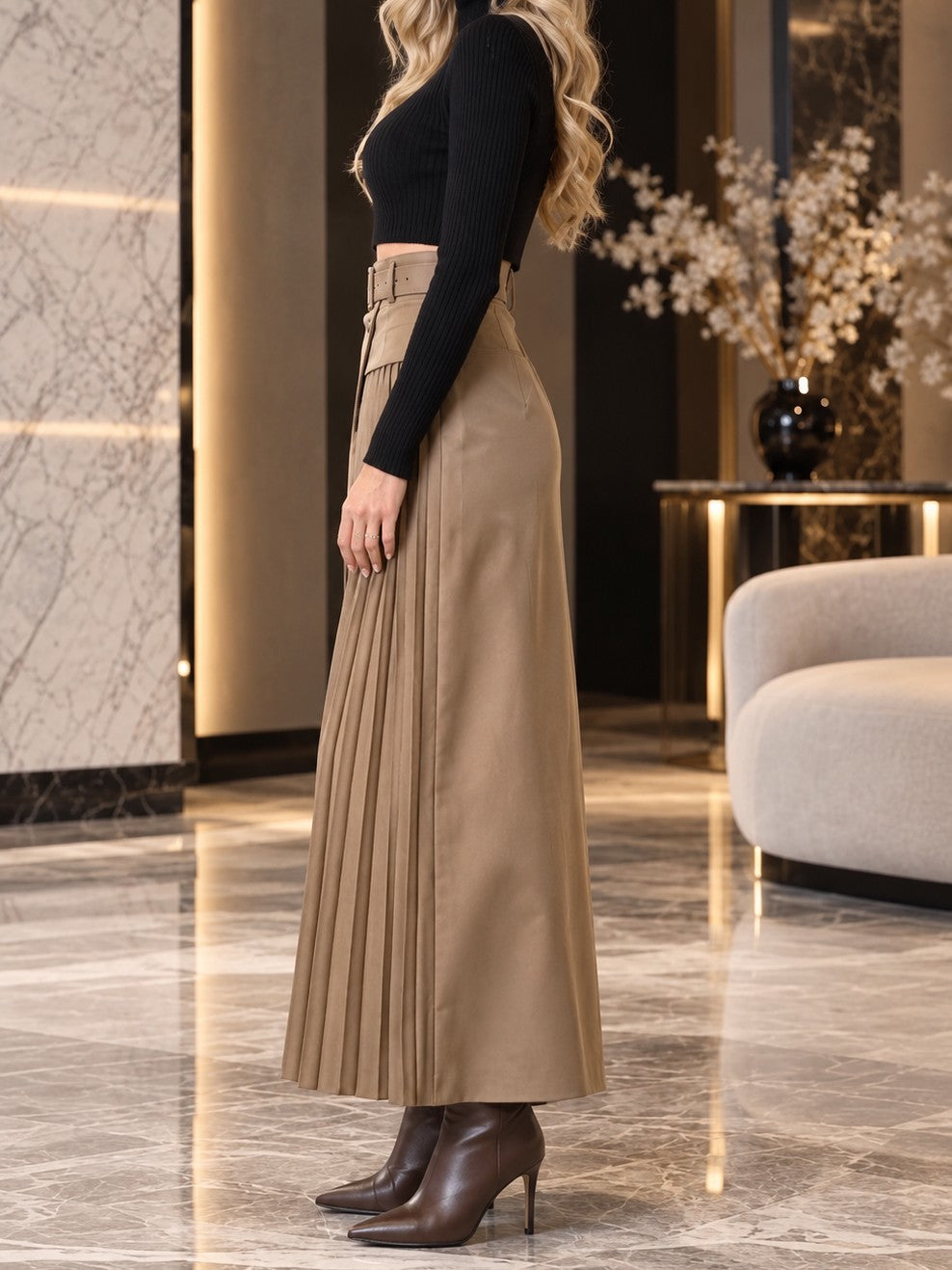 High Waist Wrap Front Pleated Maxi Skirt