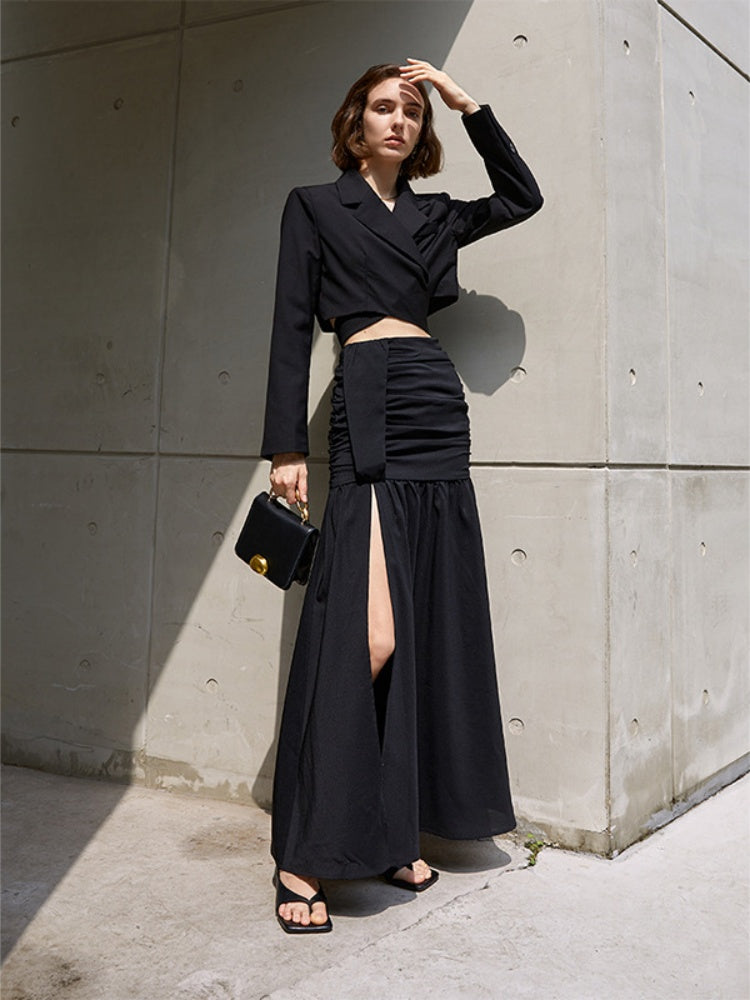 Black  High-Slit High-Waist  A-Line Skirt
