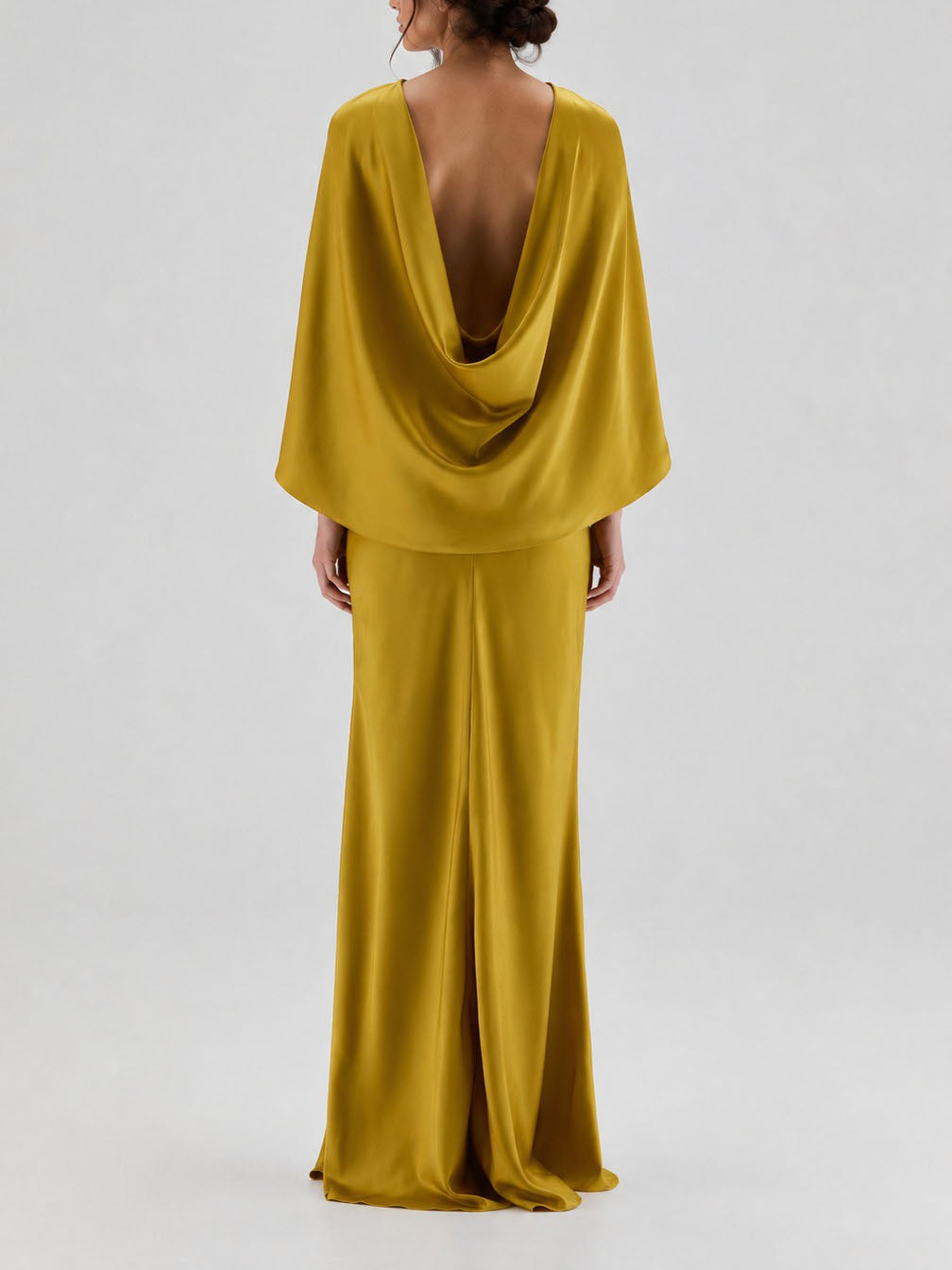 Olive Satin Cape Sleeve Cowl Back Maxi Dress