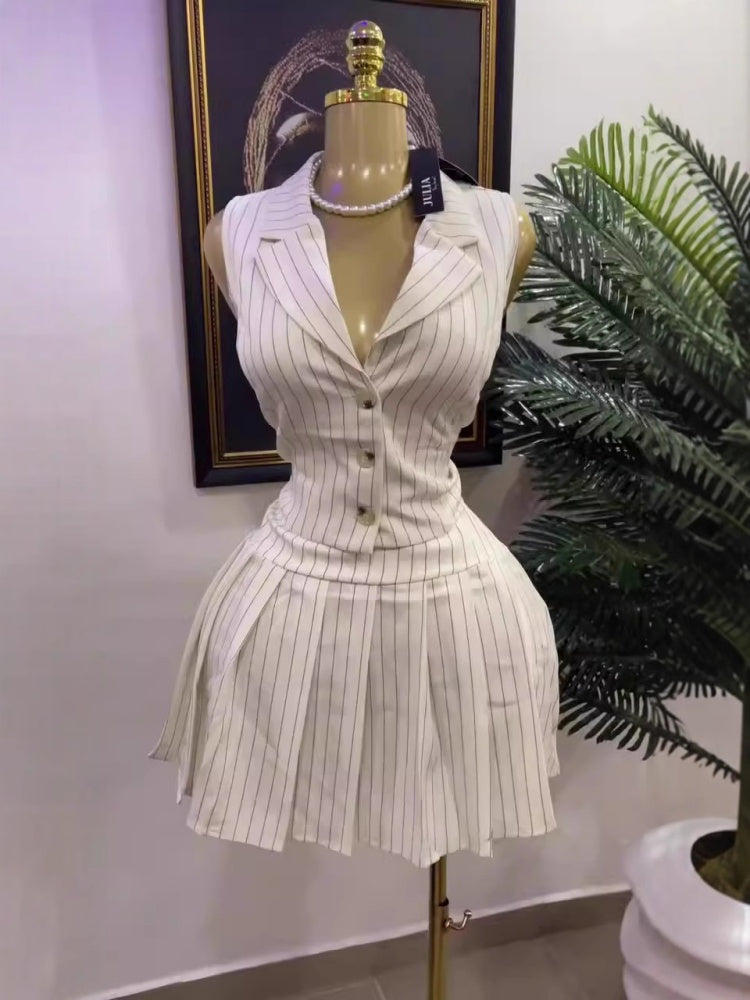 White Stripe Sleeveless Vest Set