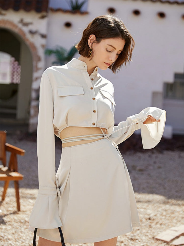 Button-Up Tie-Waist Skirt Set