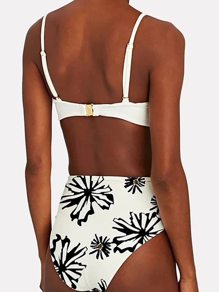 Floral Trim White Printed Bikini Set