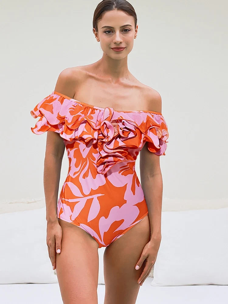 Strapless Ruffle Floral Print One Piece Swimsuit