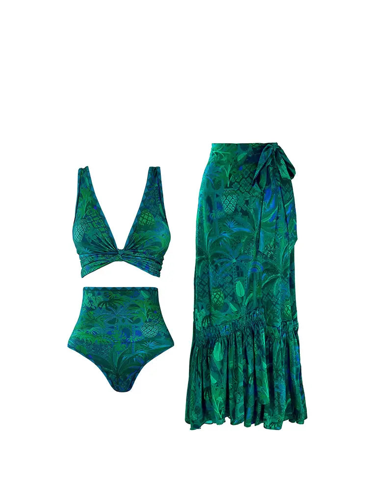 Reversible Green Print High-Waist Bikini Set