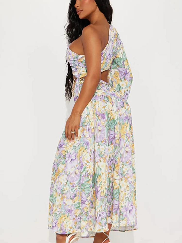 One Shoulder Cutout Floral Swimsuit Set