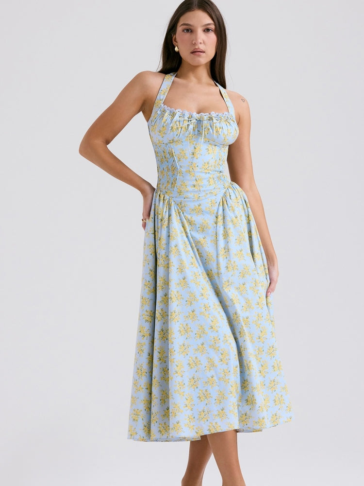 Soft Blue Vintage Floral Print Backless Tank Dress