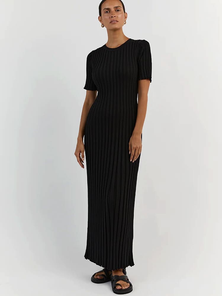 Casual Striped Crew Neck Knit Maxi Dress