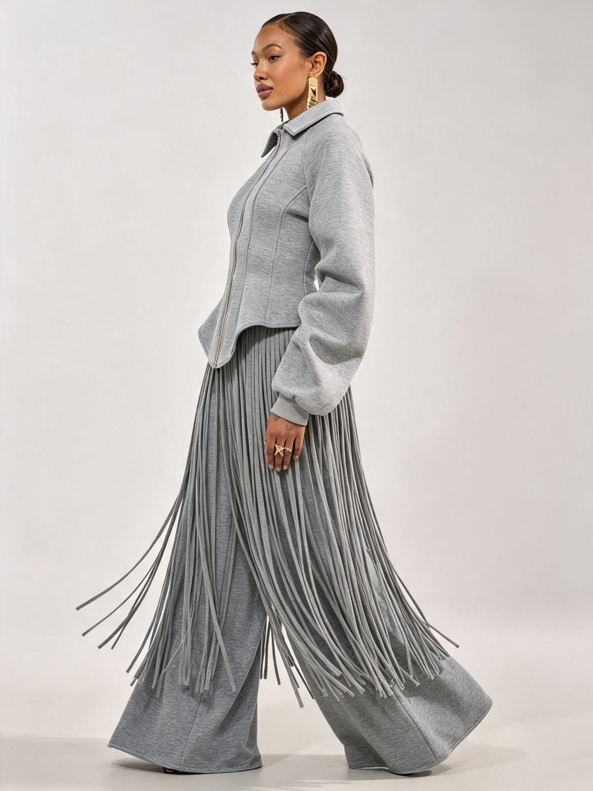 Sculptural Jacket & Fringe Wide-Leg Jogger Set