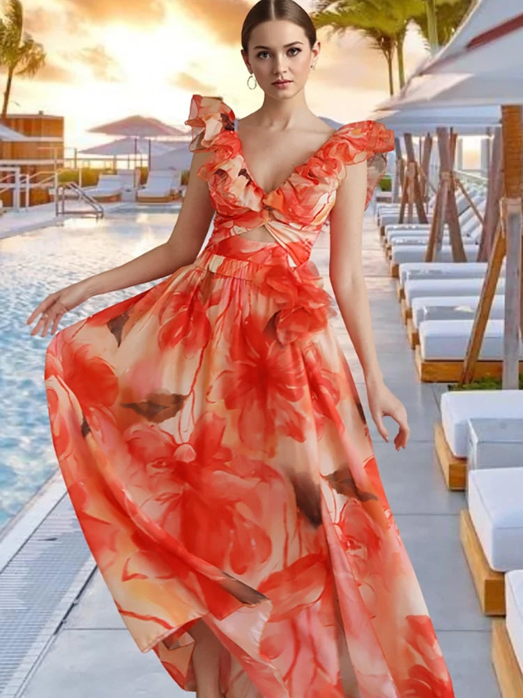 Ruffle Trim Vacation Print Swimsuit Set