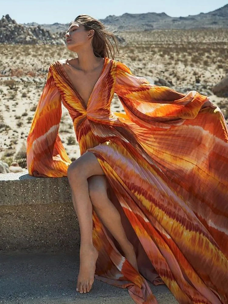 V-Neck Long Sleeve Printed Swimsuit Set
