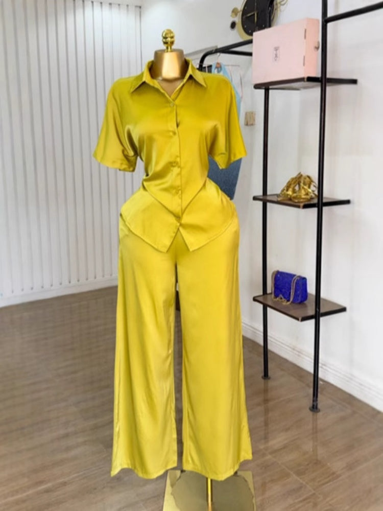 Yellow Backless Shirt Wide-Leg Trouser Set