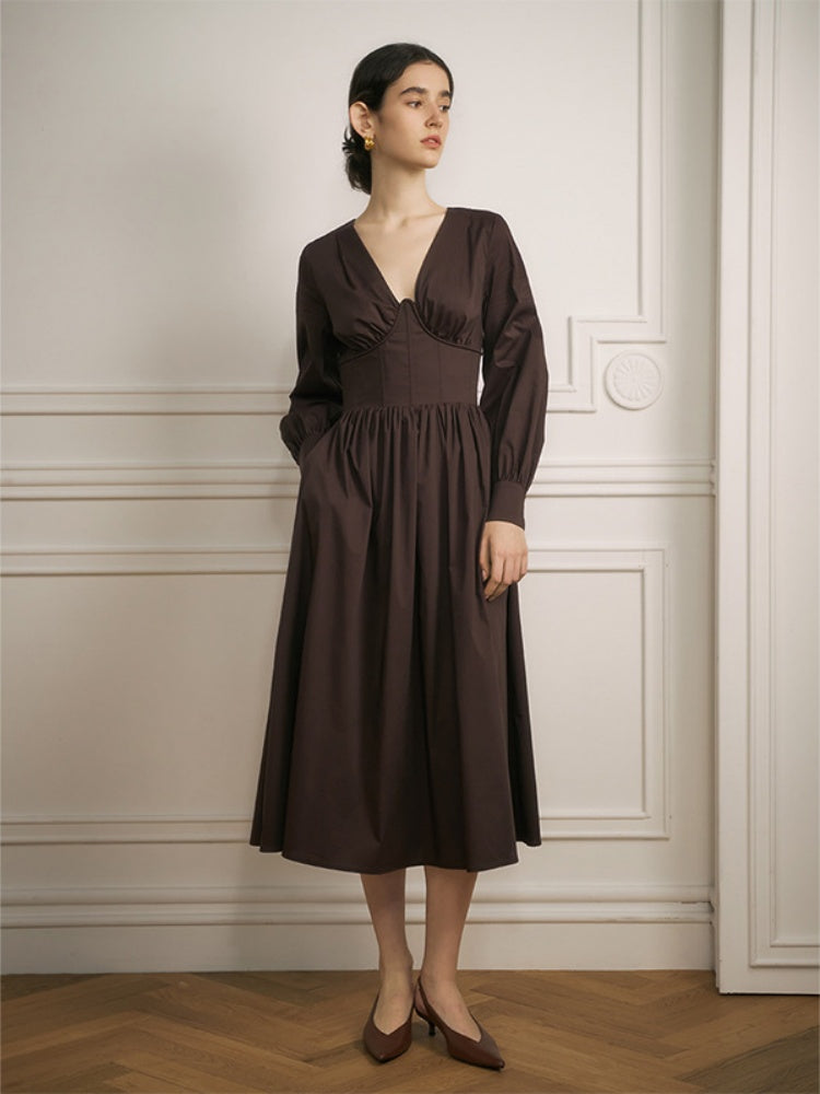 Early Spring V-Neck Waist Midi Dress