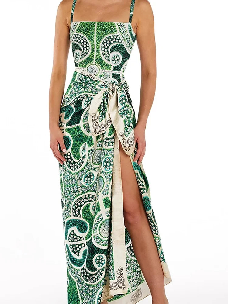 Green Ethnic Print One Piece Swimsuit Set