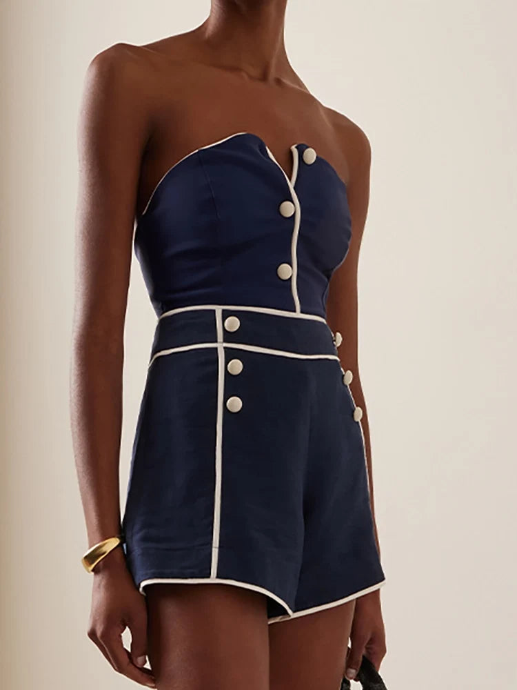 Navy Bandeau One Piece Shorts Set
