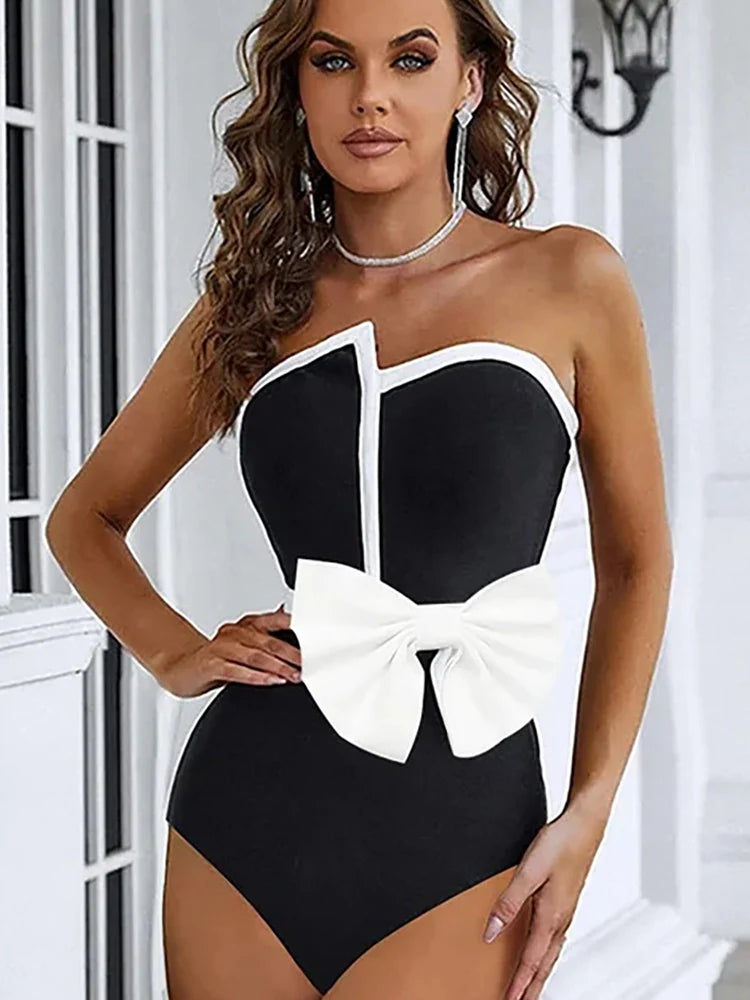 Strapless Colorblock Bow One-Piece Swimsuit
