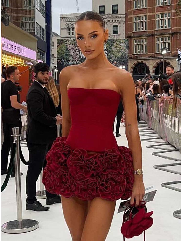 Red 3D Flower Hem Sexy Lace-Up Off-Shoulder Mini Dress