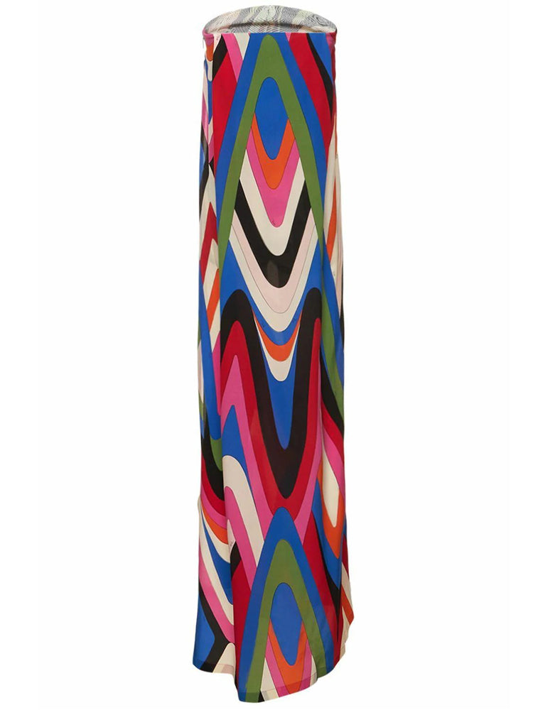 Strapless Side Slit Moiré Print Maxi Dress