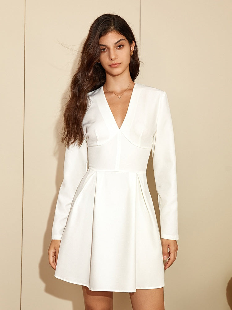 V-Neck Pleated Mini Dress