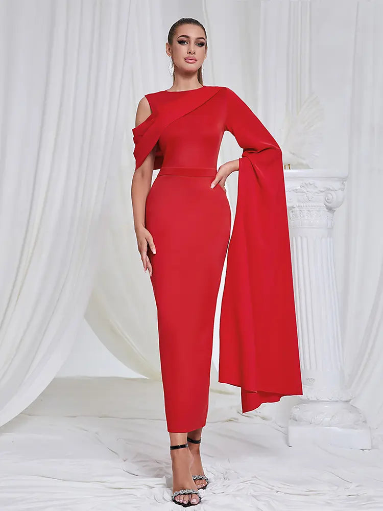 Asymmetrical Shoulder Slit Evening Dress