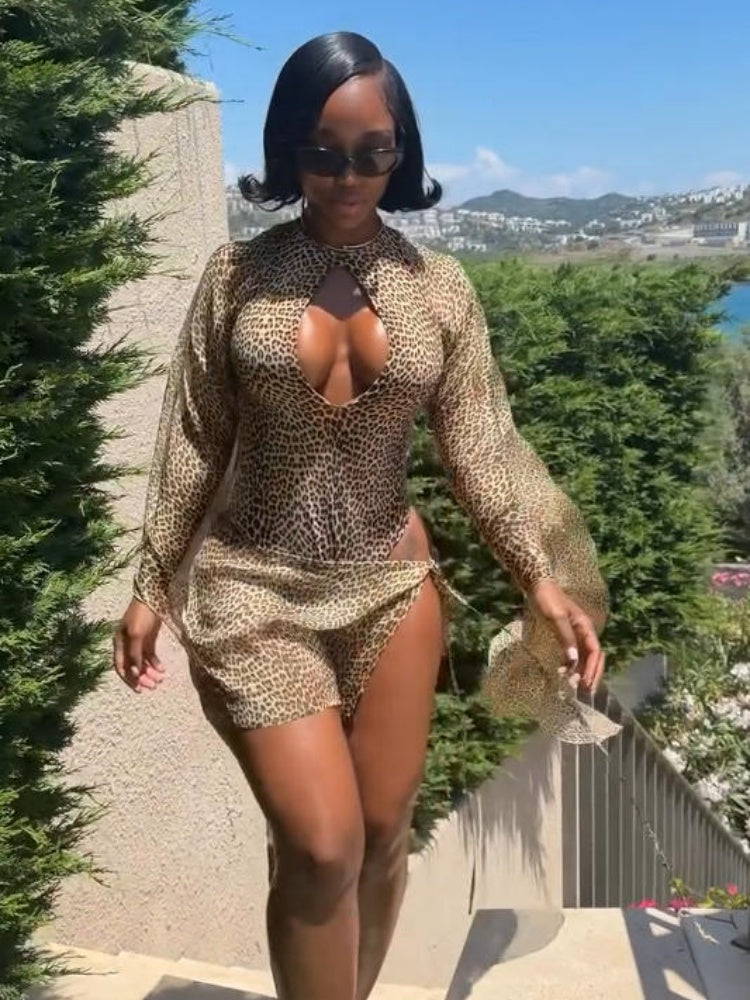 Double-Faced Leopard Mesh Swimsuit Set