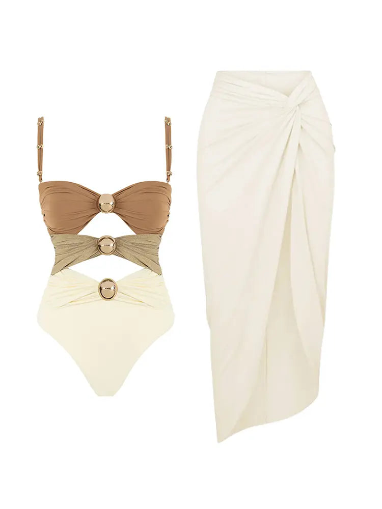 Morandi Colorblock High-Waist Hot Spring Swimsuit Set