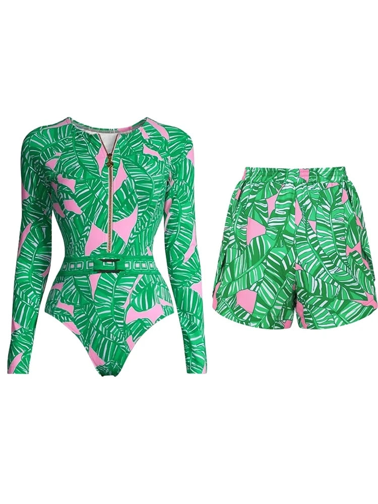 Green Printed Surf Shorts Set