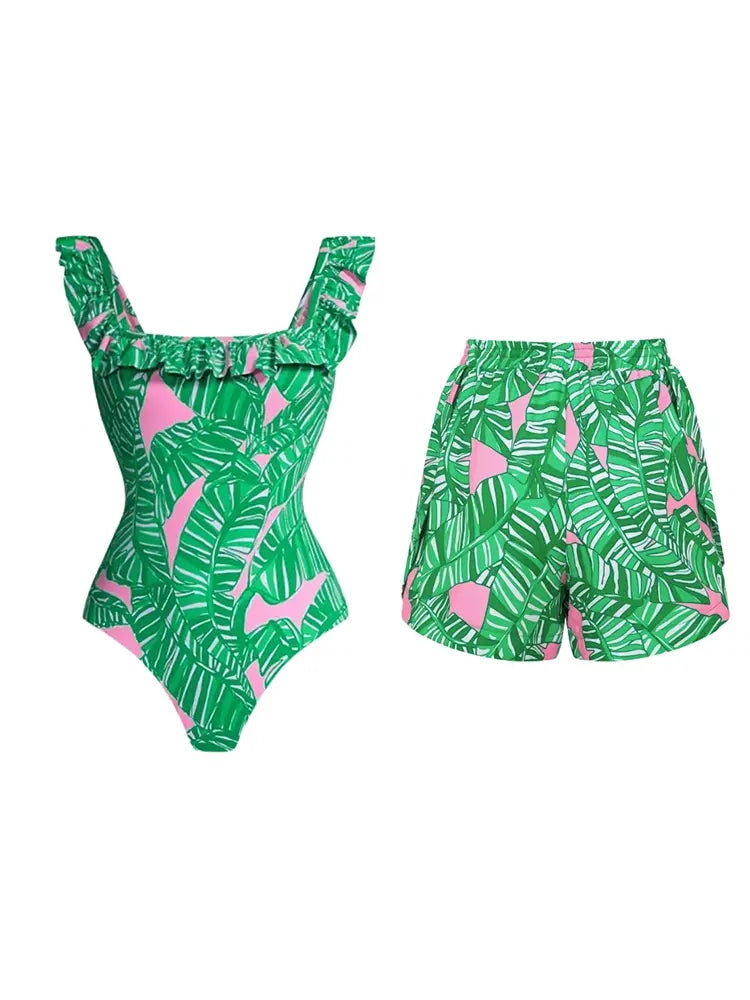 Green Ruffle Print One Piece Swimsuit