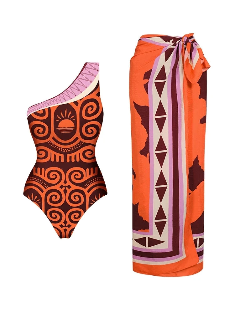 One Shoulder Ethnic Print Swimsuit