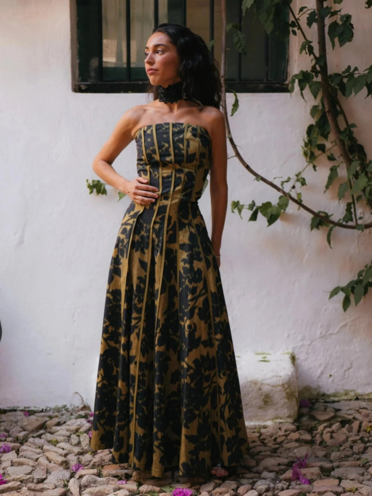 Vintage Print Strapless Maxi Dress
