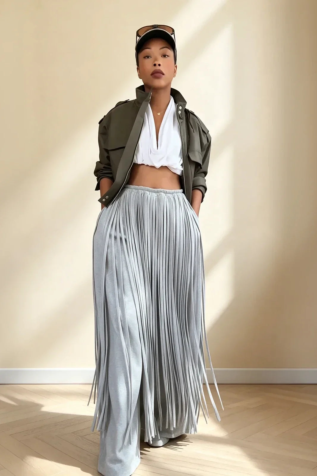 Grey Heavy Fringe Wide Leg Pants