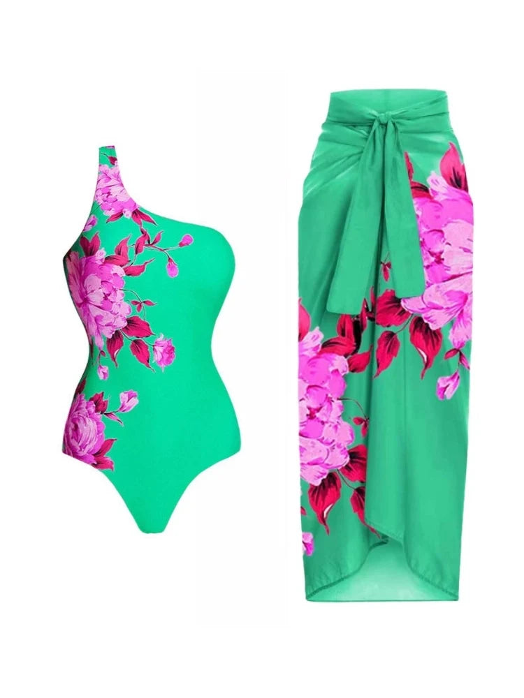 One-Shoulder Printed Monokini Set