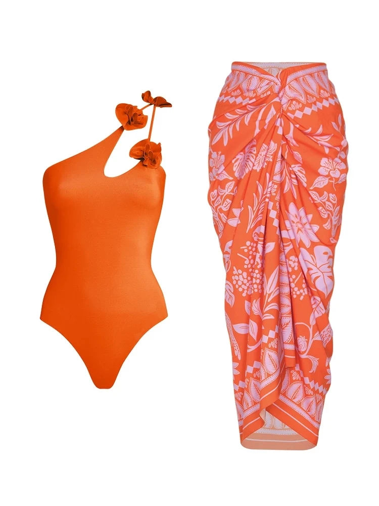 Floral One Shoulder Cutout Swimsuit Set
