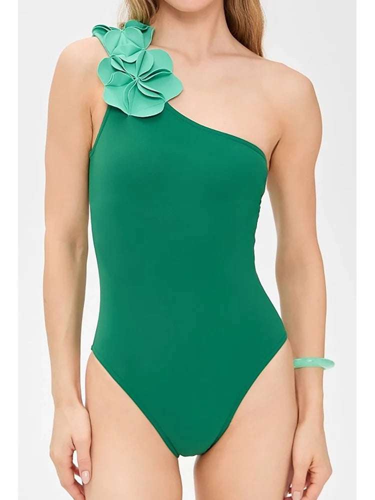 Green One-Shoulder 3D Floral Swimsuit