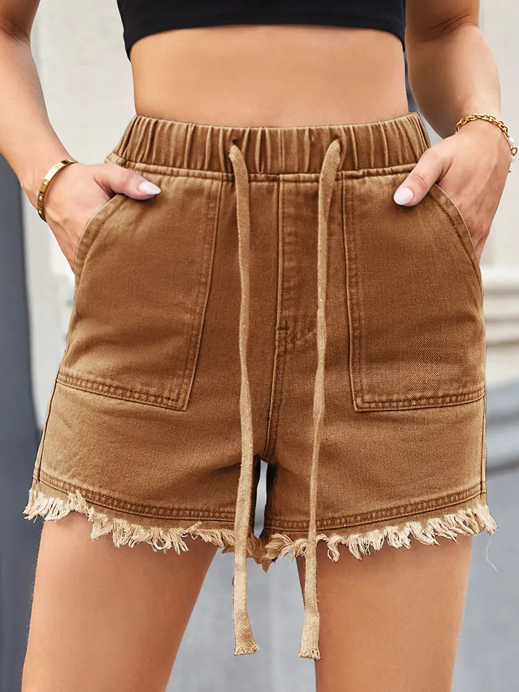 High-Waisted Drawstring Denim Shorts