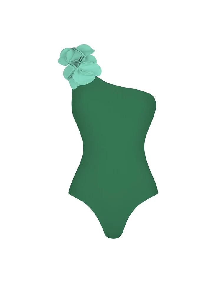 Green One-Shoulder 3D Floral Swimsuit