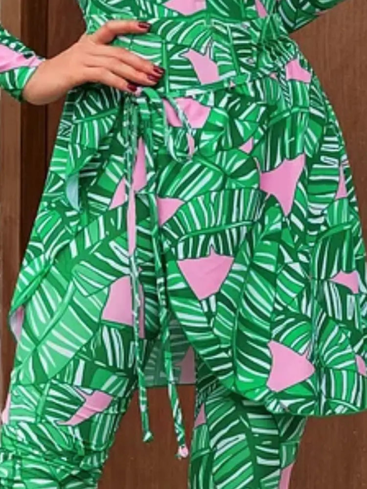 Green Zip Long Sleeve Printed Surf Swimsuit Set