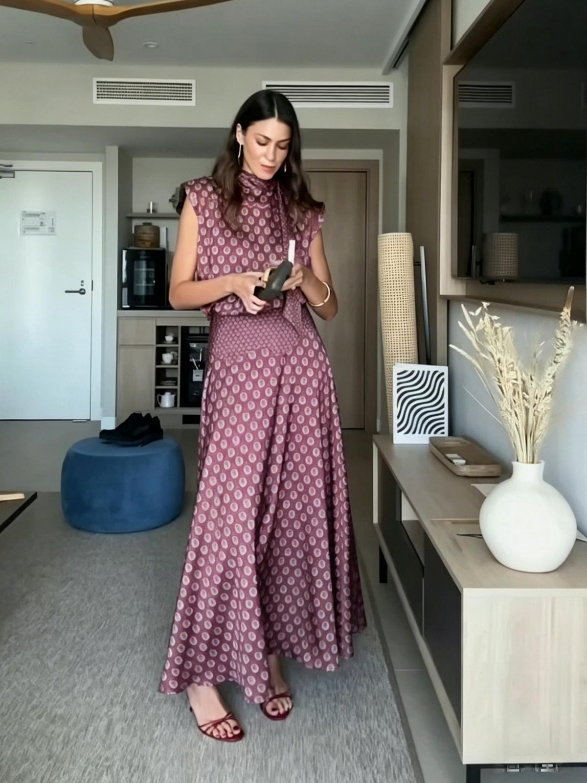 Retro Print Scarf Neck Top & Flowing Maxi Skirt Two-Piece Set