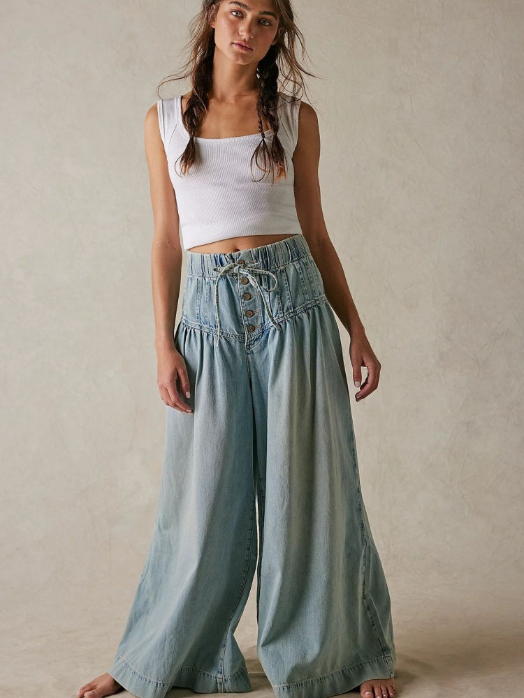 Pleated Waist Wide-Leg Tied Jeans