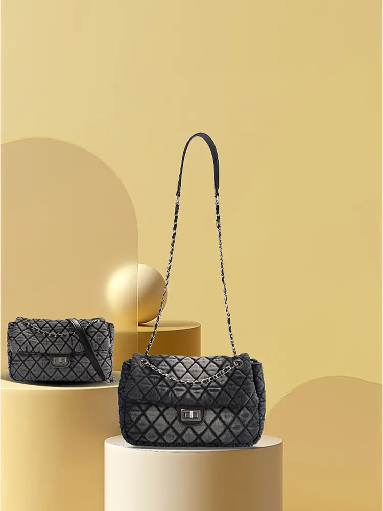Washed Denim Quilted Chain Shoulder Bag