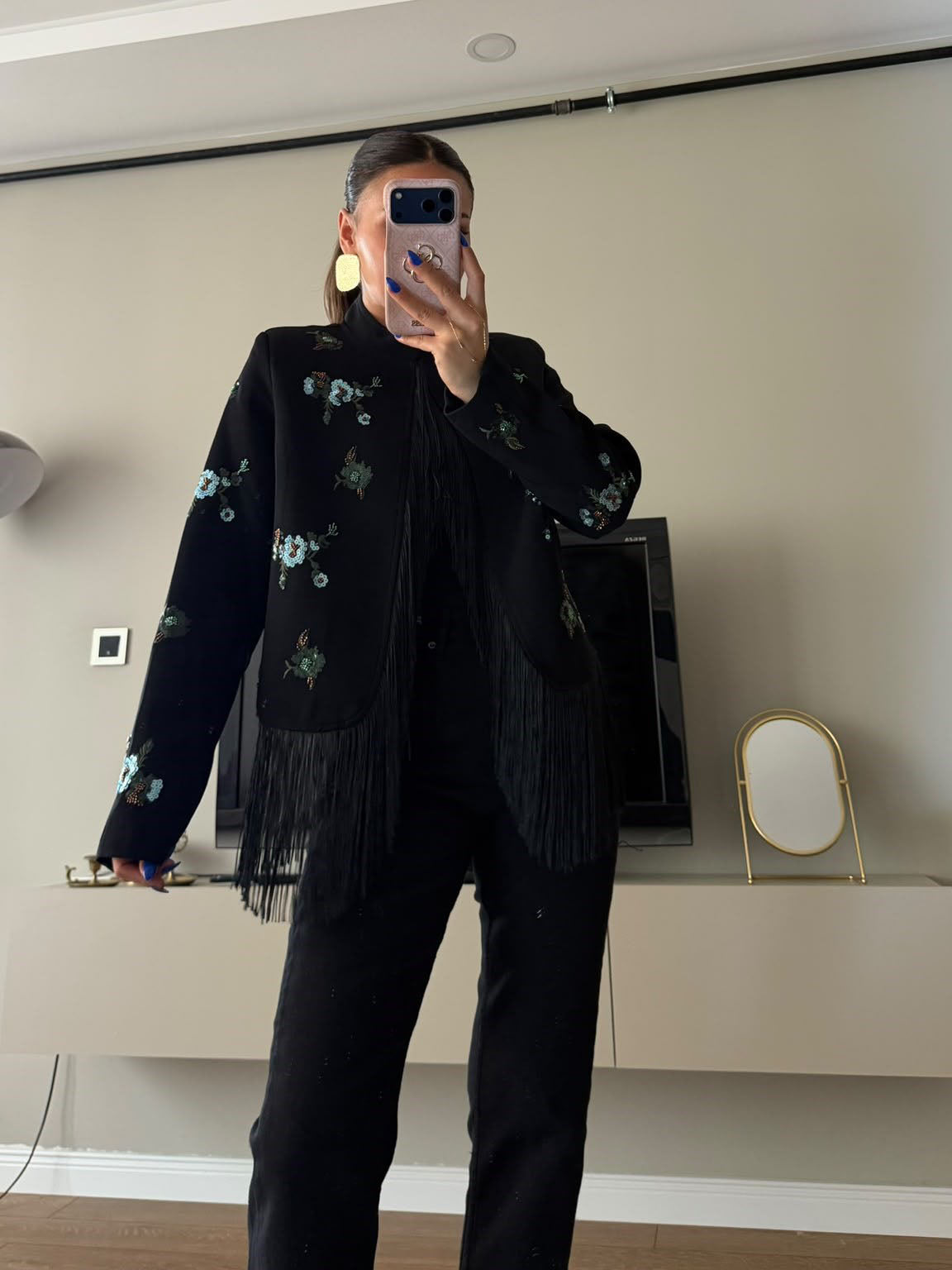 Sequin Floral Embroidery Fringe Jacket